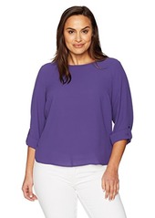 NINE WEST Women's Plus Size Solid Crepe Roll Tab Blouse
