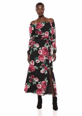 NINE WEST Women's Printed Chiffon Maxi with Sash at Waist Black/Ruby red/Multi