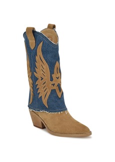 Nine West Women's Ringer Block Heel Pointy Toe Western Boots - Caramel Suede, Blue Denim- Suede, Textil