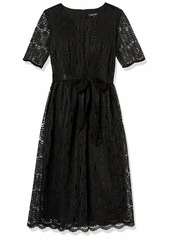 NINE WEST Women's Short Sleeve Lace Fit and Flare Midi Dress W/Self Sash