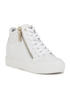 Nine West Women's Tons High Top Hidden Wedge Sneakers - Embossed White, Gold - Faux Leather