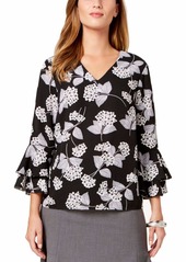 NINE WEST Women's V-Neck Printed Blouse with Flounce Sleeves  XS