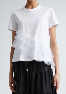 Noir Kei Ninomiya Asymmetric Ruffle Organza Detail Cotton T-Shirt