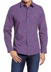 Nordstrom Tech-Smart Trim Fit Floral Button-Up Shirt in Blue Shadow Red Rose Print at Nordstrom