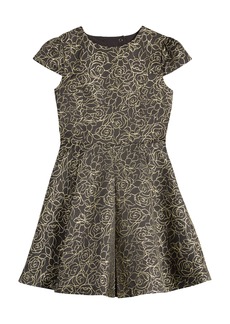 Nordstrom Kids' Matching Family Moments Metallic Cap Sleeve Pleated Party Dress in Black- Gold Outline Floral at Nordstrom Rack