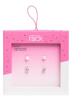 NORDSTROM RACK Set of 2 Sterling Silver Cubic Zirconia & Imitation Pearl Stud Earrings in Clear- White- Silver at Nordstrom Rack