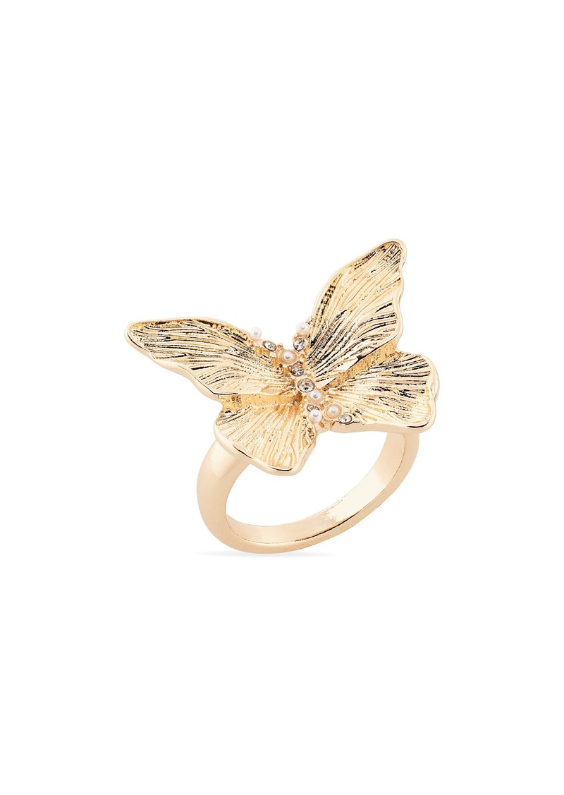 NORDSTROM RACK Imitation Pearl & Crystal Butterfly Ring in Clear- White- Gold at Nordstrom Rack