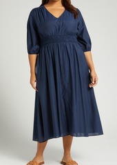 Nordstrom Smocked Waist Cotton & Silk Midi Dress