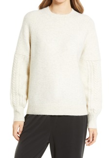 Nordstrom Women's Cable Knit Sleeve Crewneck Sweater in Beige Oatmeal Light Heather at Nordstrom
