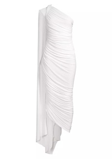 Norma Kamali Diana Ruched One-Shoulder Capelet Gown