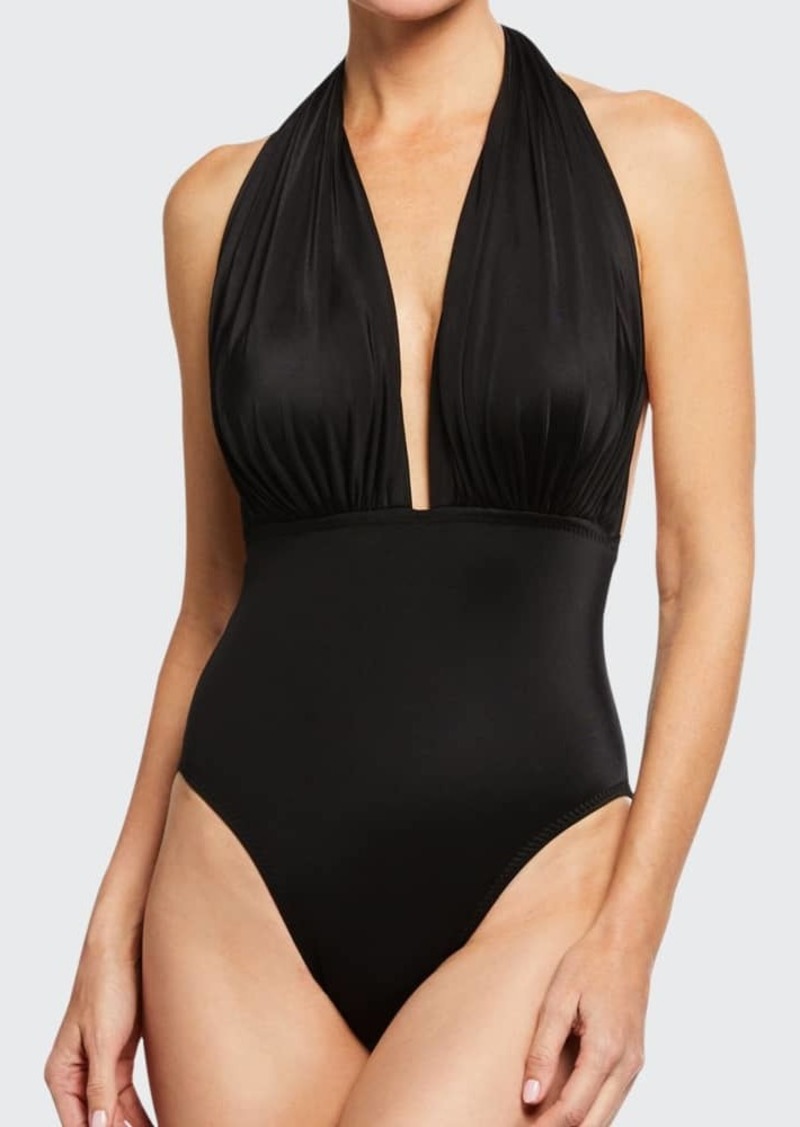 Norma Kamali Halter Low-Back Solid One-Piece Swimsuit