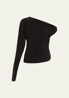 Norma Kamali One-Sleeve Drop-Shoulder Side-Drape Top