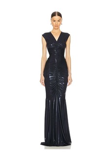 Norma Kamali Sleeveless Deep V Neck Shirred Front Fishtail Gown