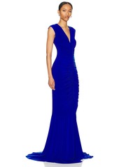 Norma Kamali Sleeveless Deep V Neck Shirred Front Fishtail Gown