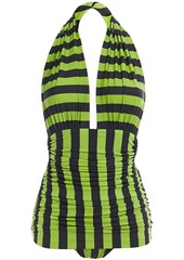 Norma Kamali Woman Bill Mio Ruched Striped Halterneck Swimsuit Lime Green