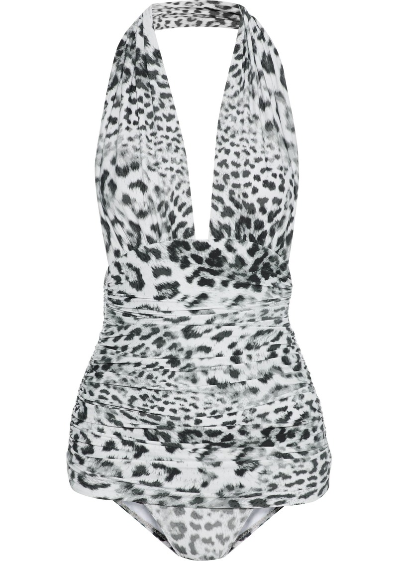 Norma Kamali Woman Bill Ruched Leopard-print Halterneck Swimsuit Animal Print