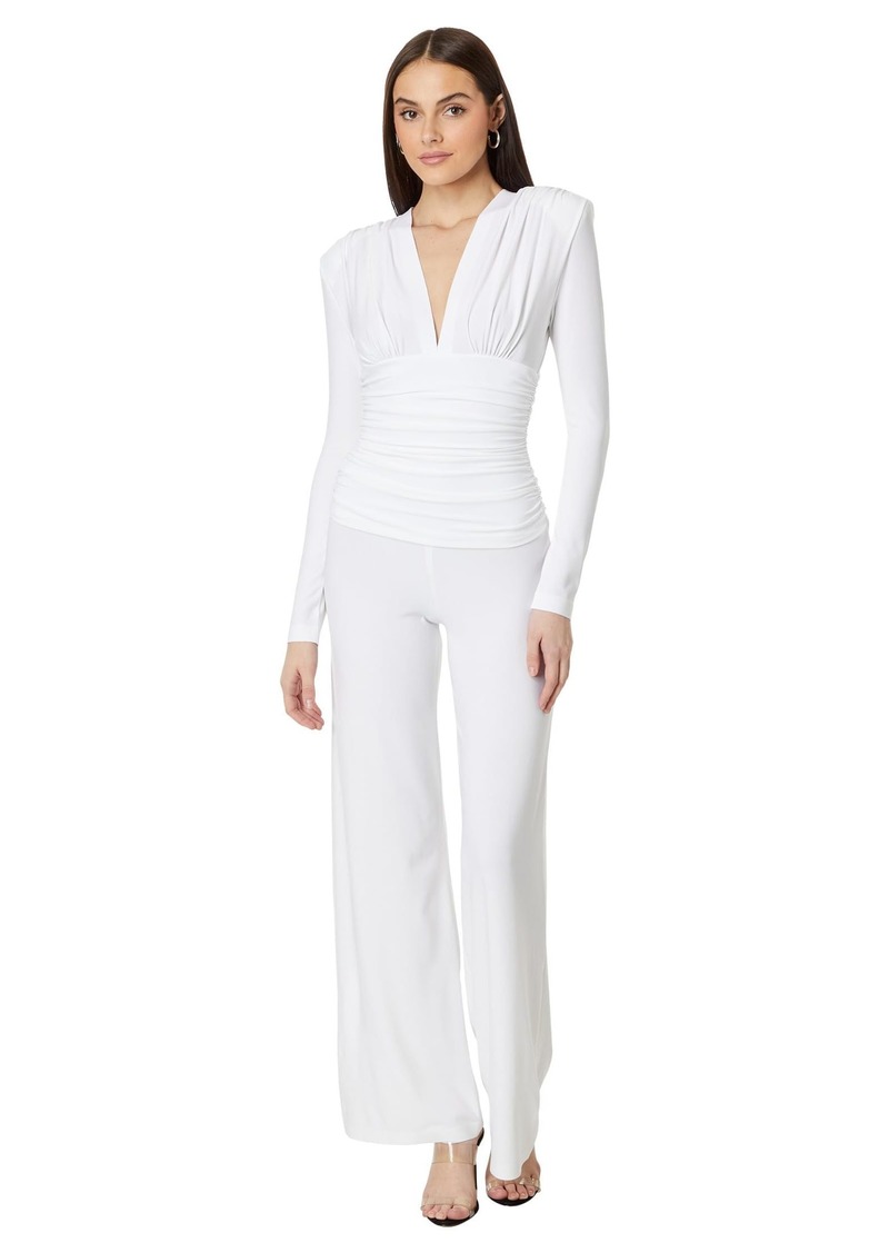 Norma Kamali Women's V-Neck Long Sleeve Shirred Waist Jumpsuit with Shoulder Pads