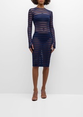 Norma Kamali Semi-Sheer Striped Long-Sleeve Dress