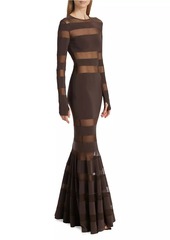 Norma Kamali Spliced Mesh-Stiped Fishtail Gown