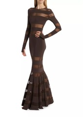 Norma Kamali Spliced Mesh-Stiped Fishtail Gown