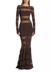 Norma Kamali Spliced Mesh-Stiped Fishtail Gown