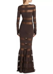 Norma Kamali Spliced Mesh-Stiped Fishtail Gown