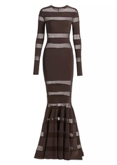 Norma Kamali Spliced Mesh-Stiped Fishtail Gown