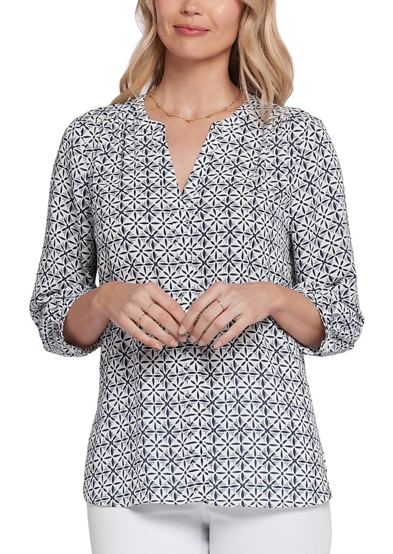 Nydj Three Quarter Sleeve Printed Pintucked Back Blouse