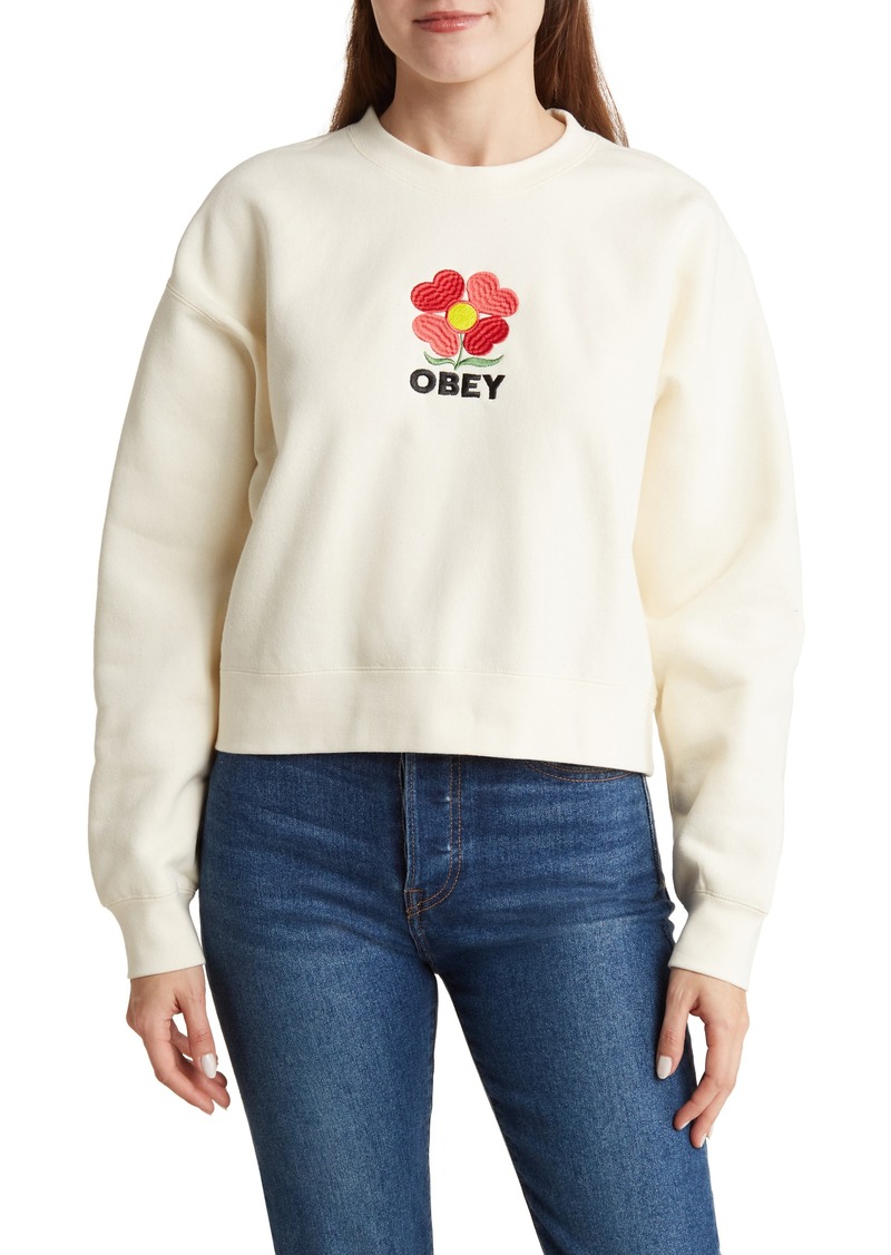 Obey Amelia Embroidered Crop Sweatshirt in Unbleached at Nordstrom Rack