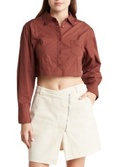 Obey London Long Sleeve Cotton Crop Button-Up Shirt in Sepia at Nordstrom Rack