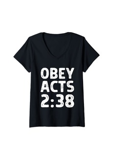Womens Obey Acts 2:38 Bible Verse Christian Quote V-Neck T-Shirt