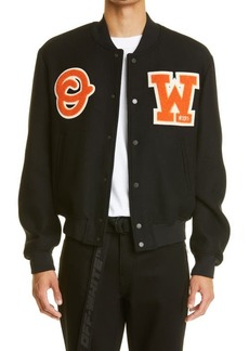 Off-White Bouclé Patch Wool Blend Bomber Jacket in Black at Nordstrom