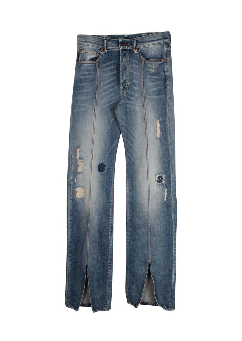 Off-White Distressed Straight Leg Denim Jeans in Blue Cotton