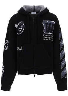 Off-white jacquard knit zip-up hoodie
