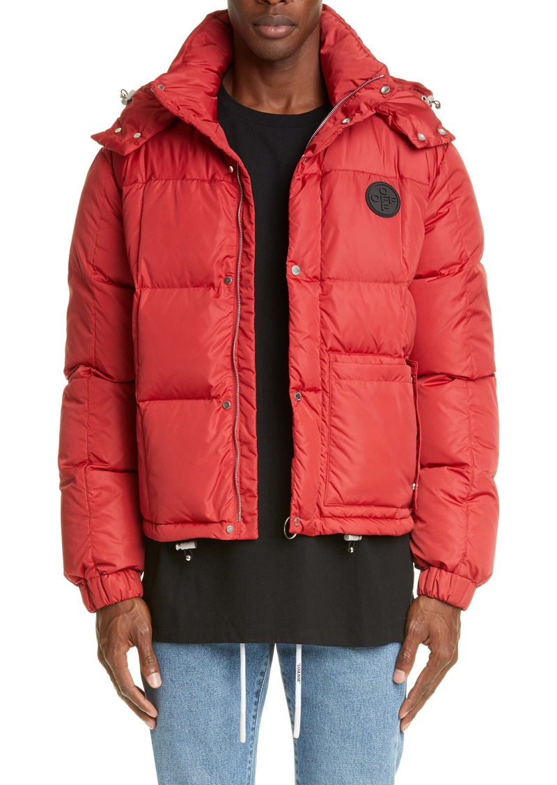 red and white puffer jacket