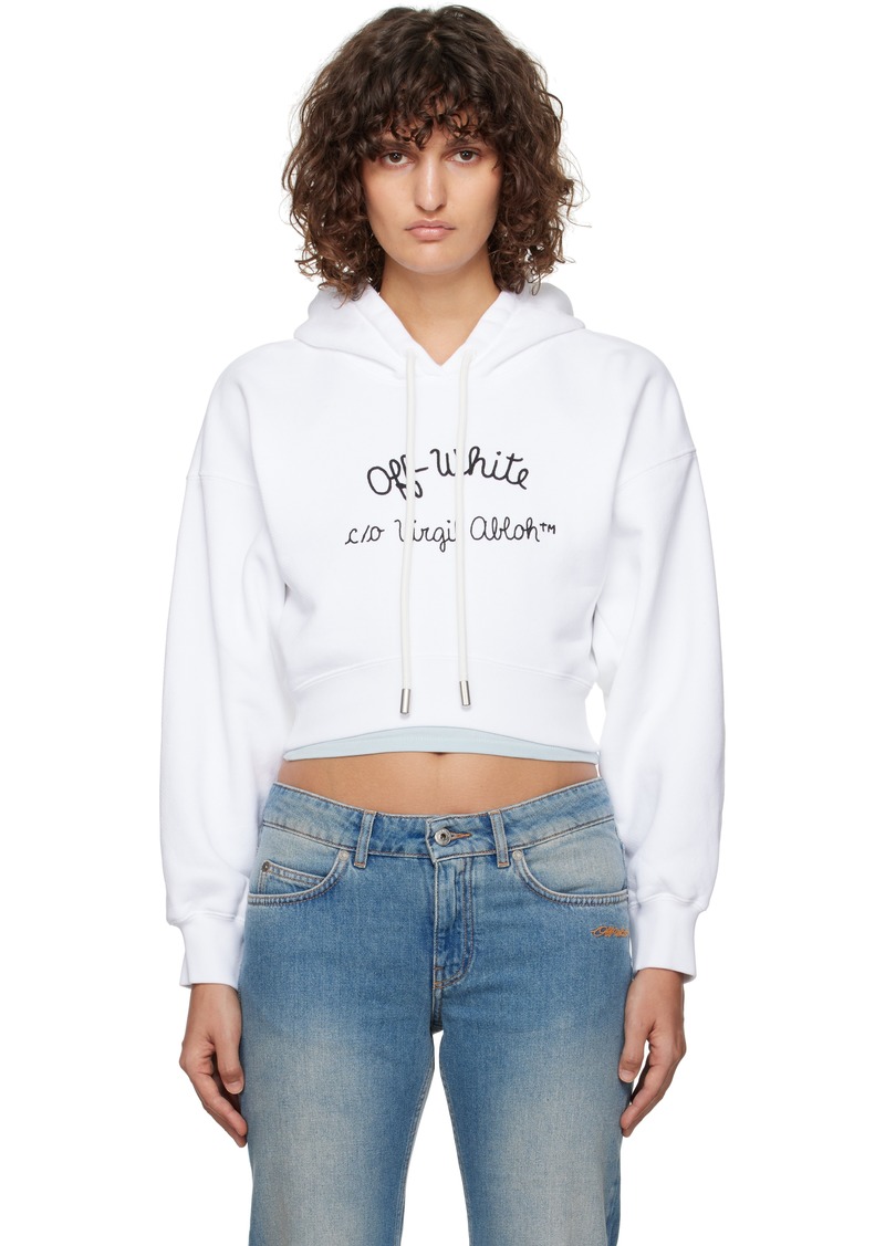 Off-White White Embr Script Type Crop Hoodie