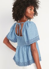 Old Navy Matching Chambray Flutter-Sleeve Embroidered Tie-Back Top for Women