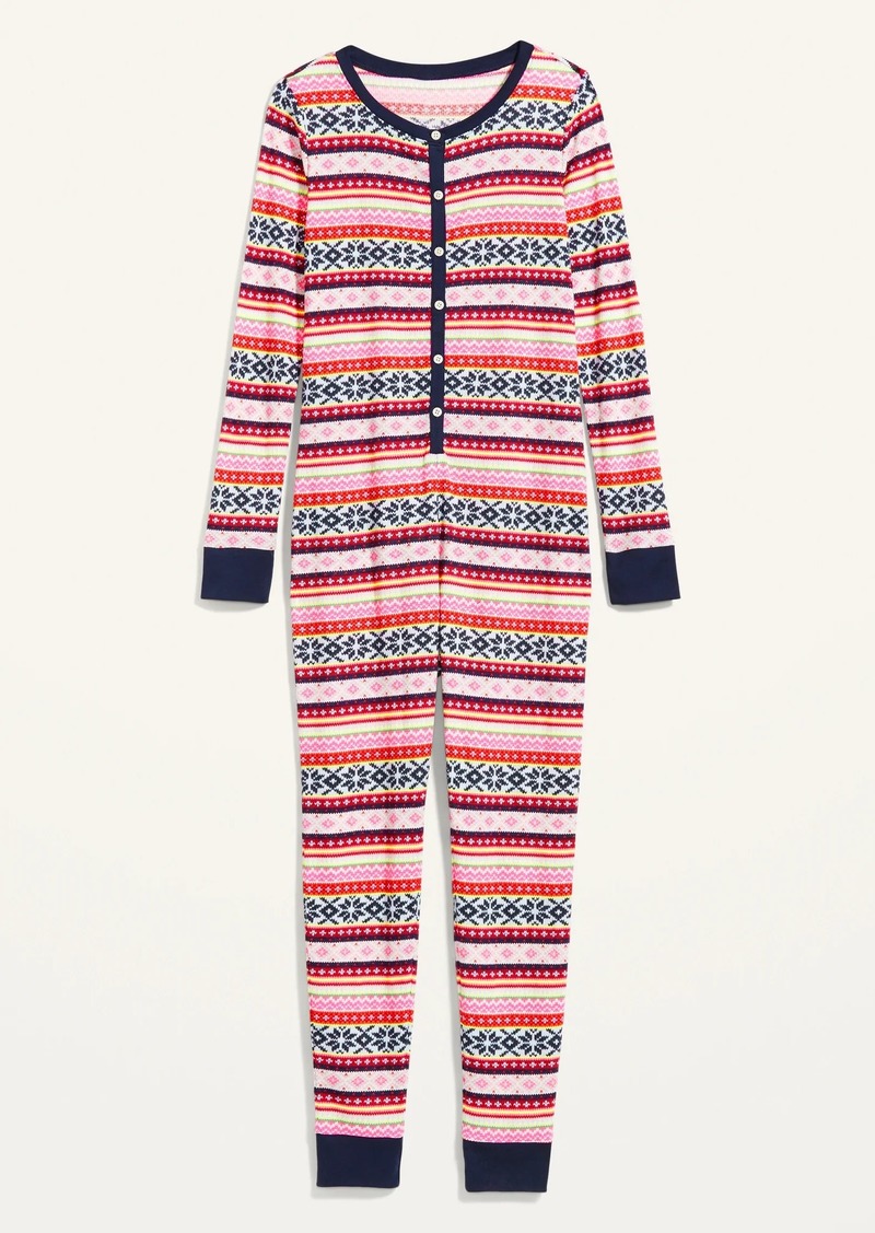Patterned Waffle-Knit One-Piece Pajamas for Women