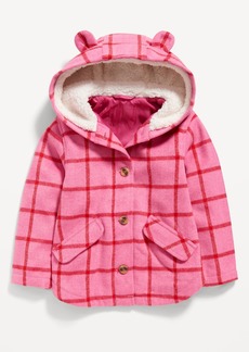Old Navy Plaid Button-Front Critter Hooded Coat for Toddler Girls