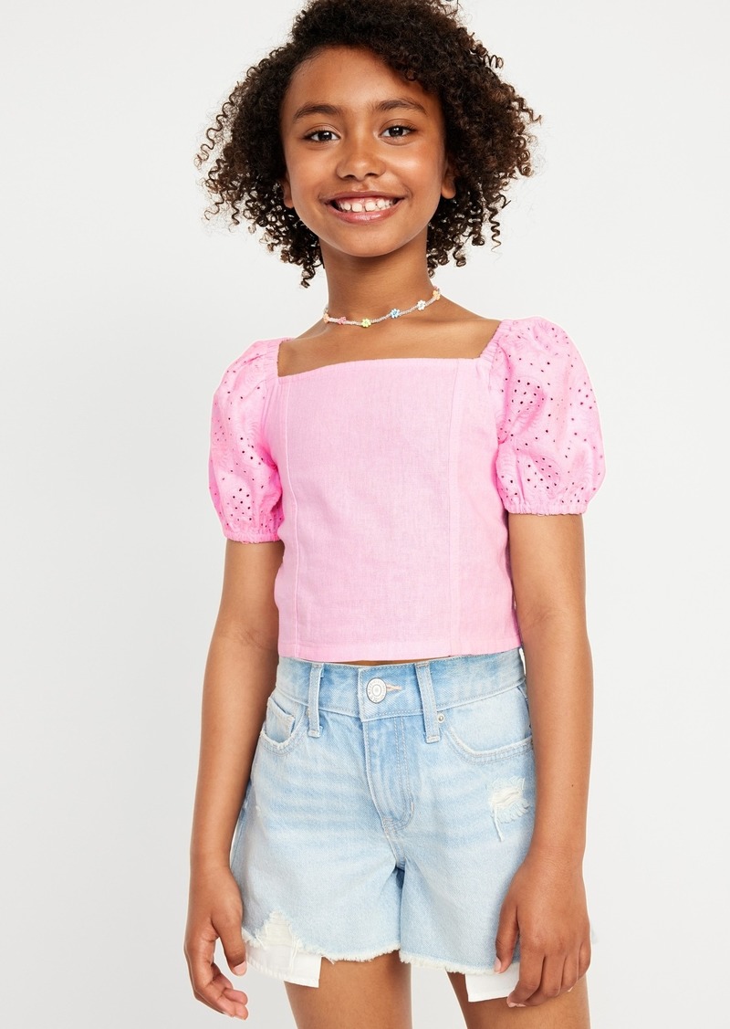 Old Navy Short Puff-Sleeve Eyelet Linen-Blend Top for Girls