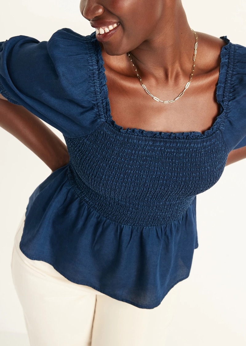 Smocked Chambray Puff-Sleeve Blouse for Women - 30% Off!