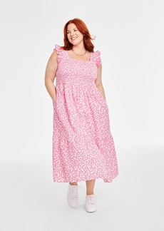 On 34th Trendy Plus Size Cotton Ditsy-Print Smocked Midi Dress, Created for Macy's - Azalea Pink Combo