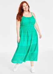 On 34th Trendy Plus Size Cotton Eyelet Smocked-Waist Dress, Created for Macy's - Scuba Green