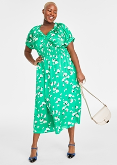 On 34th Trendy Plus Size Floral-Print Smocked Midi Dress, Created for Macy's - Bright Green Combo