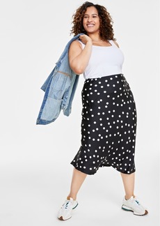 On 34th Trendy Plus Size Polka Dot Midi Slip Skirt, Created for Macy's - Deep Black Combo