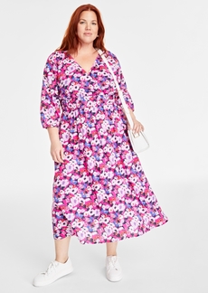 On 34th Trendy Plus Size Printed Blouson-Sleeve Cotton Midi Dress, Created for Macy's - Jazzy Pink Combo