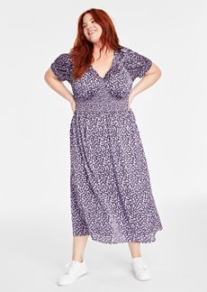 On 34th Trendy Plus Size Printed V-Neck Short-Sleeve Midi Dress, Created for Macy's - Calla Lilac