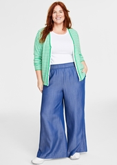 On 34th Plus Size Pull-On Chambray Wide-Leg Pants, Created for Macy's - Blue