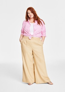 On 34th Plus Size Linen-Blend Pull-On Lightweight Wide-Leg Pants, Created for Macy's - Coffee Cream