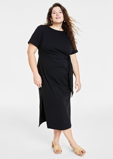 On 34th Trendy Plus Size Side-Tie Knit Midi Dress, Created for Macy's - Deep Black